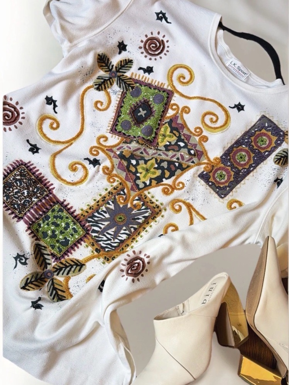 Vintage Beaded Art T-Shirt | Embellished Patchwork Graphic | Oversized | Cotton